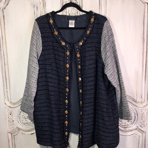 Ulla Popken Navy Tweed Long Sleeve Beaded Embellished Jacket Size 20/22 - Picture 1 of 12